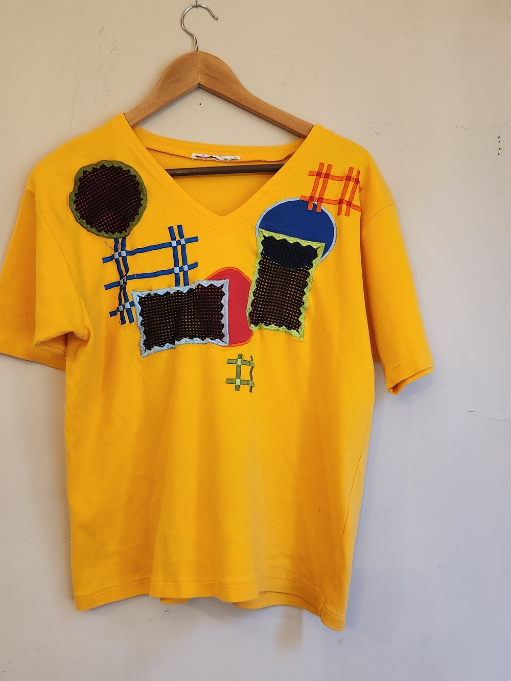 Women's Yellow Short Sleeve V-Neck Tee with Colorful Patchwork